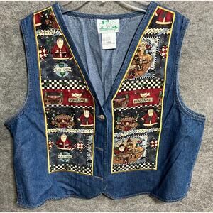 Vintage Quacker Factory Denim Christmas Vest Large Santa Noahs Ark 80s 90s
